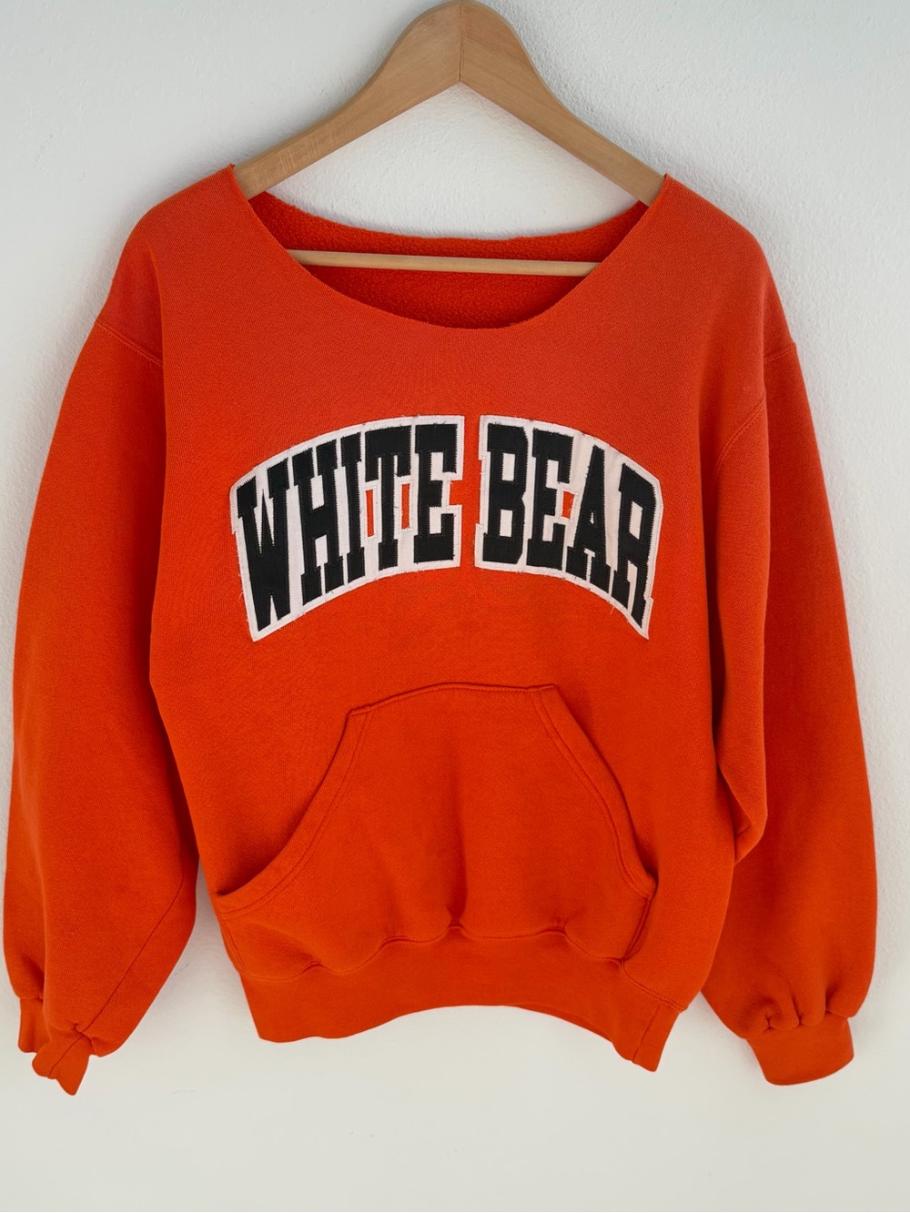 White Bear Orange Oversized Off the Shoulder Sweatshirt Pullover Kangaroo Pocket